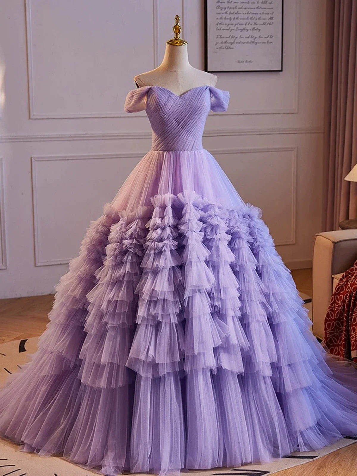 Purple Off Shoulder Sweetheart Tulle Sweet 16 Dress, Purple Tulle Long Prom Dress TP992