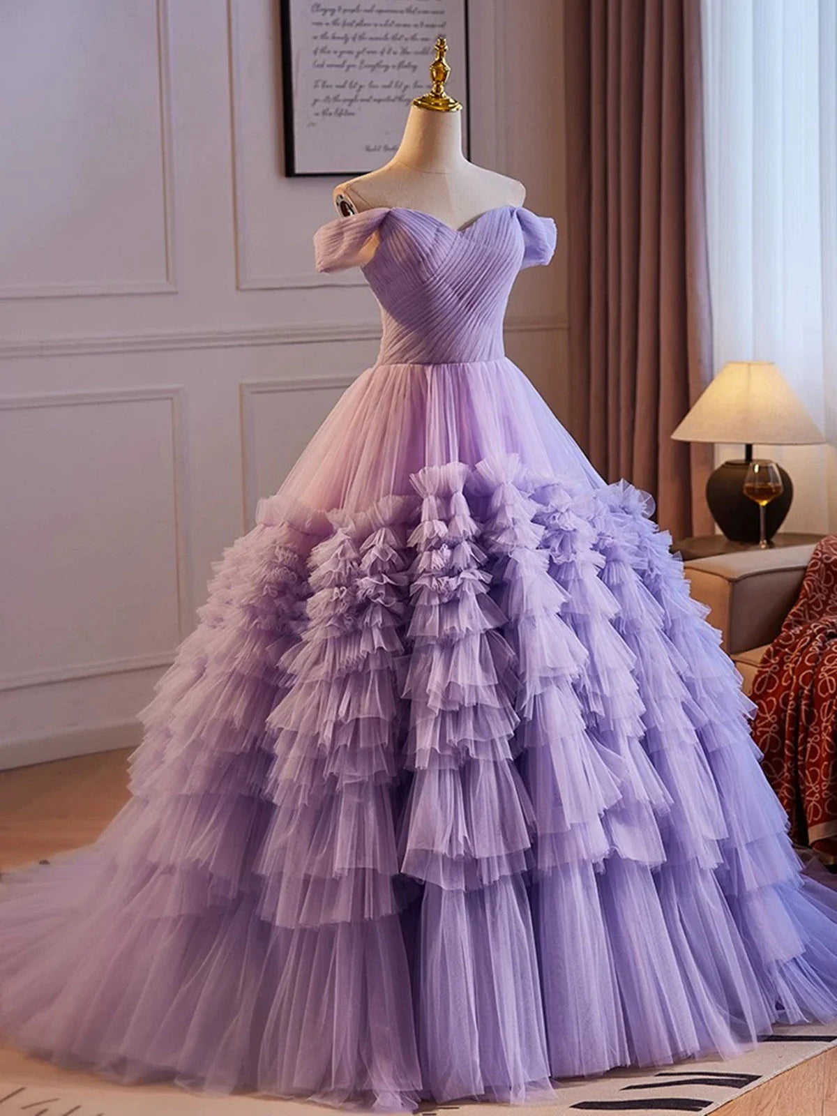 Purple Off Shoulder Sweetheart Tulle Sweet 16 Dress, Purple Tulle Long Prom Dress TP992