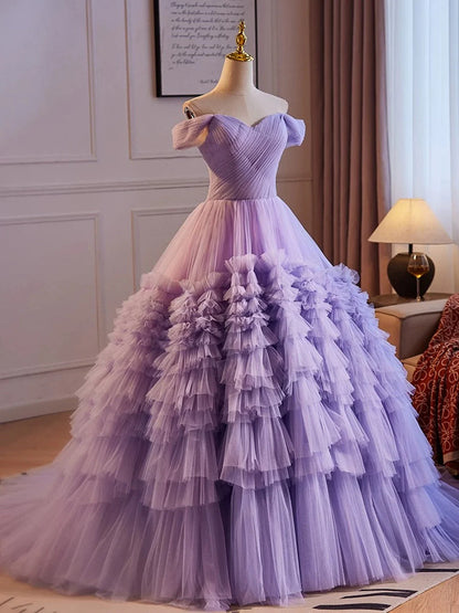 Purple Off Shoulder Sweetheart Tulle Sweet 16 Dress, Purple Tulle Long Prom Dress TP992