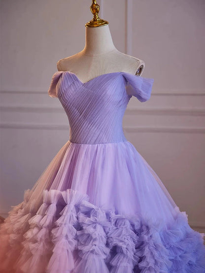 Purple Off Shoulder Sweetheart Tulle Sweet 16 Dress, Purple Tulle Long Prom Dress TP992