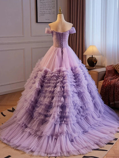 Purple Off Shoulder Sweetheart Tulle Sweet 16 Dress, Purple Tulle Long Prom Dress TP992