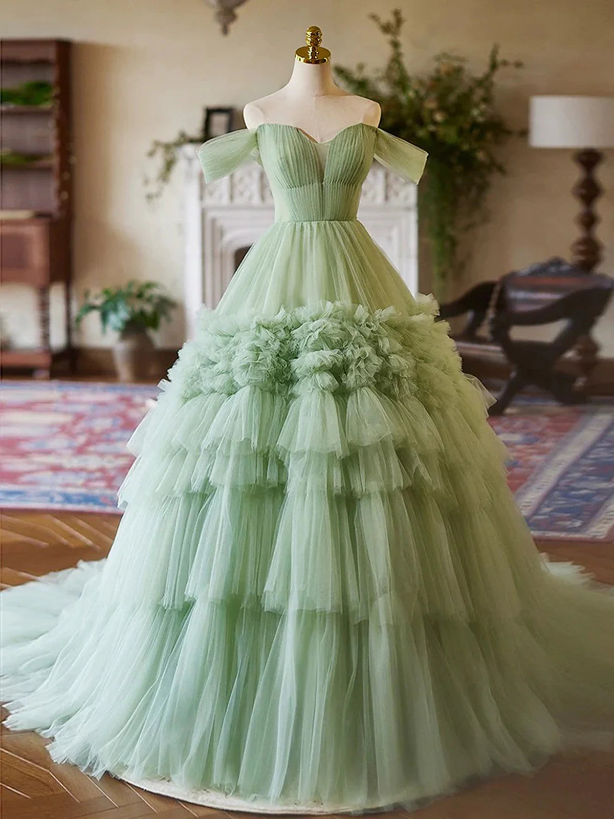 Green Sweetheart Tulle Off Shoulder Layers Long Formal Dress, Green Sweet 16 Dress TP993