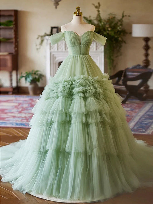 Green Sweetheart Tulle Off Shoulder Layers Long Formal Dress, Green Sweet 16 Dress TP993