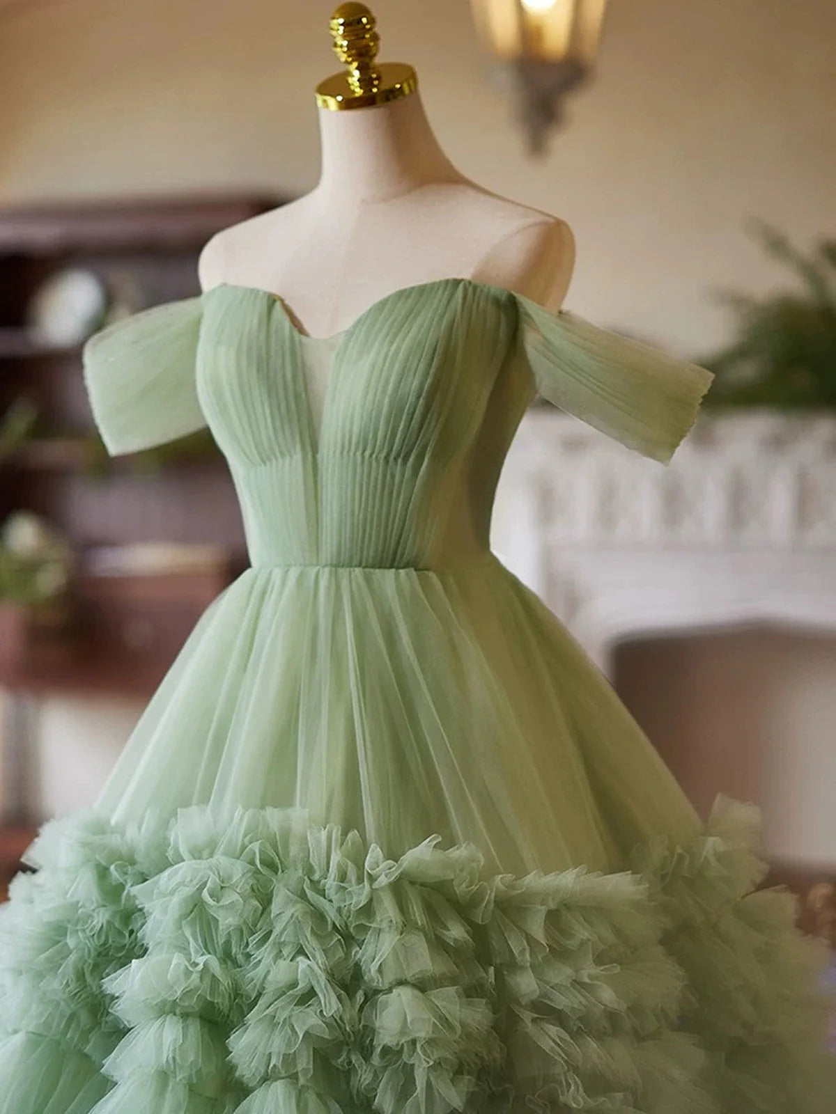 Green Sweetheart Tulle Off Shoulder Layers Long Formal Dress, Green Sweet 16 Dress TP993