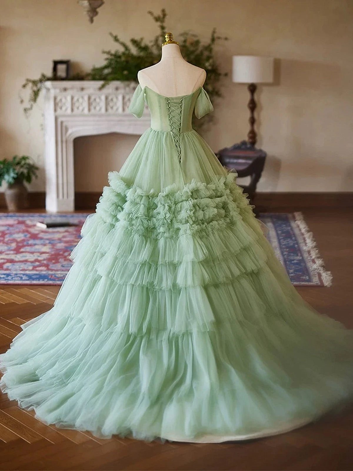 Green Sweetheart Tulle Off Shoulder Layers Long Formal Dress, Green Sweet 16 Dress TP993