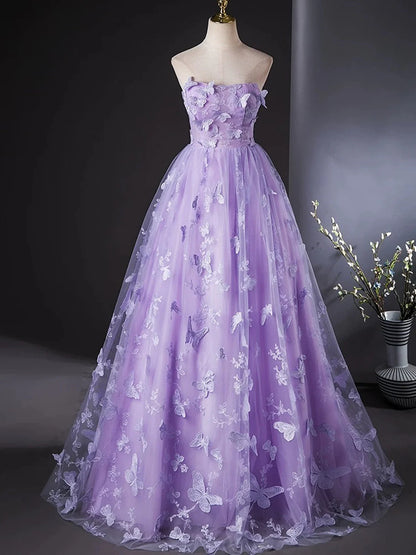 Purple Lace Strapless Floor Length Party Dress, Purple Lace Long Prom Dress TP996