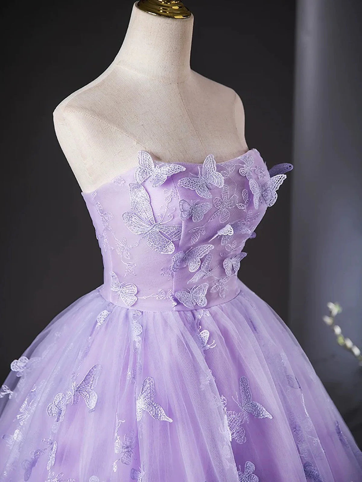 Purple Lace Strapless Floor Length Party Dress, Purple Lace Long Prom Dress TP996