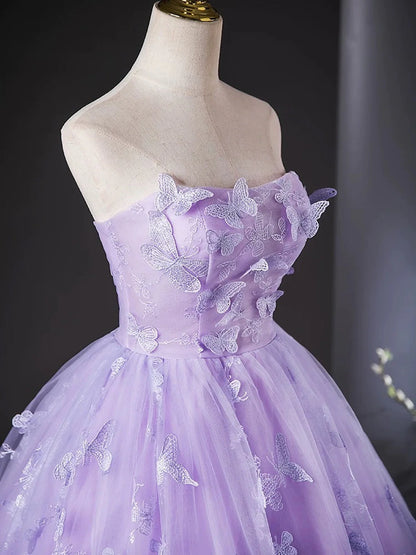 Purple Lace Strapless Floor Length Party Dress, Purple Lace Long Prom Dress TP996