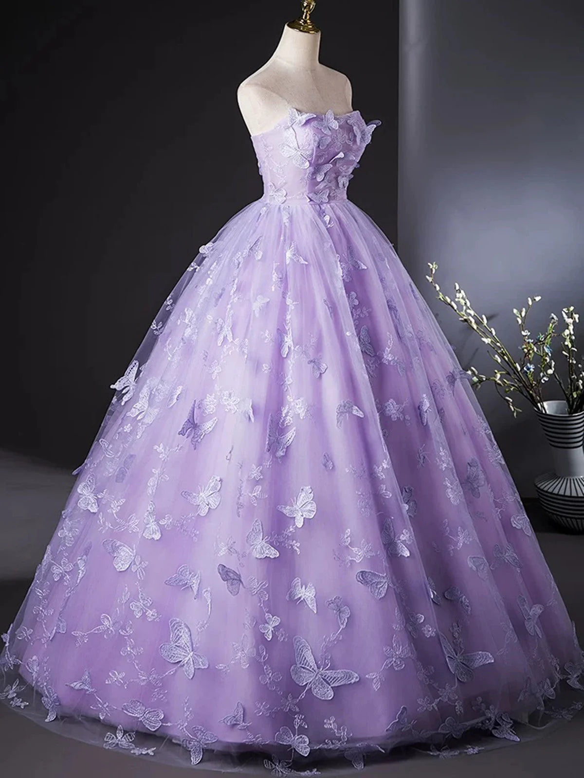 Purple Lace Strapless Floor Length Party Dress, Purple Lace Long Prom Dress TP996