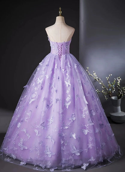 Purple Lace Strapless Floor Length Party Dress, Purple Lace Long Prom Dress TP996