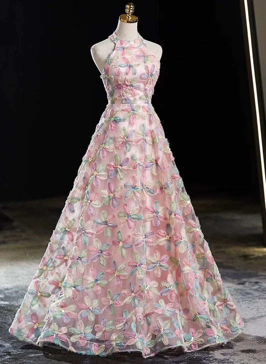 Pink Halter A-line Floral Lace Long Party Dress, Pink Low Back Prom Dress TP997