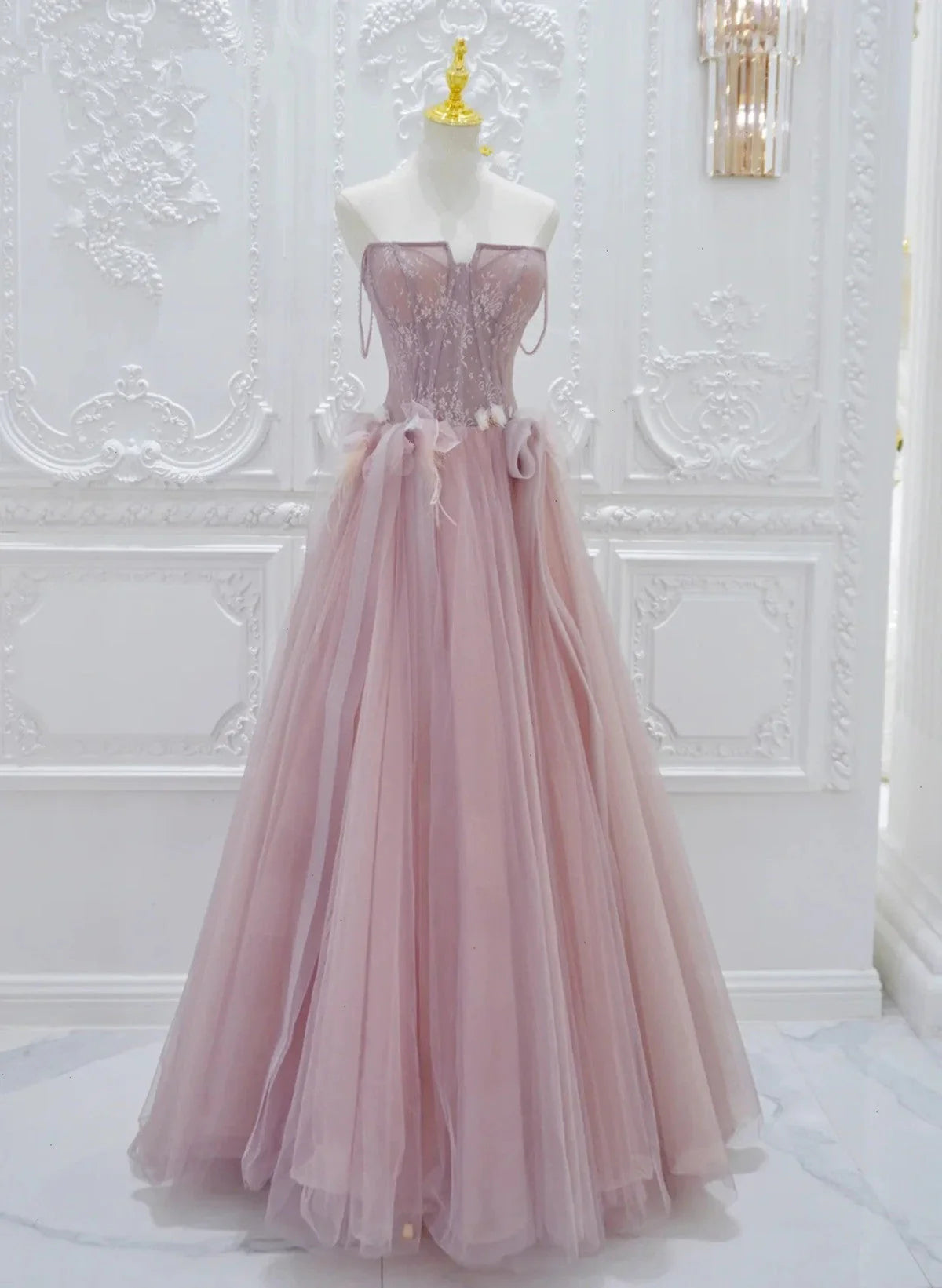 Pink Tulle with Lace A-line Prom Dress, Pink Tulle Party Dress TP998