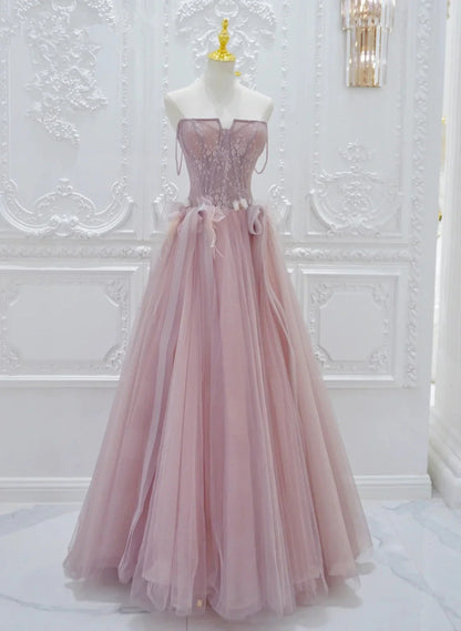 Pink Tulle with Lace A-line Prom Dress, Pink Tulle Party Dress TP998
