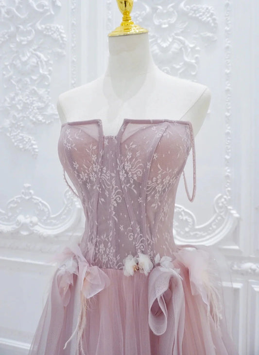 Pink Tulle with Lace A-line Prom Dress, Pink Tulle Party Dress TP998