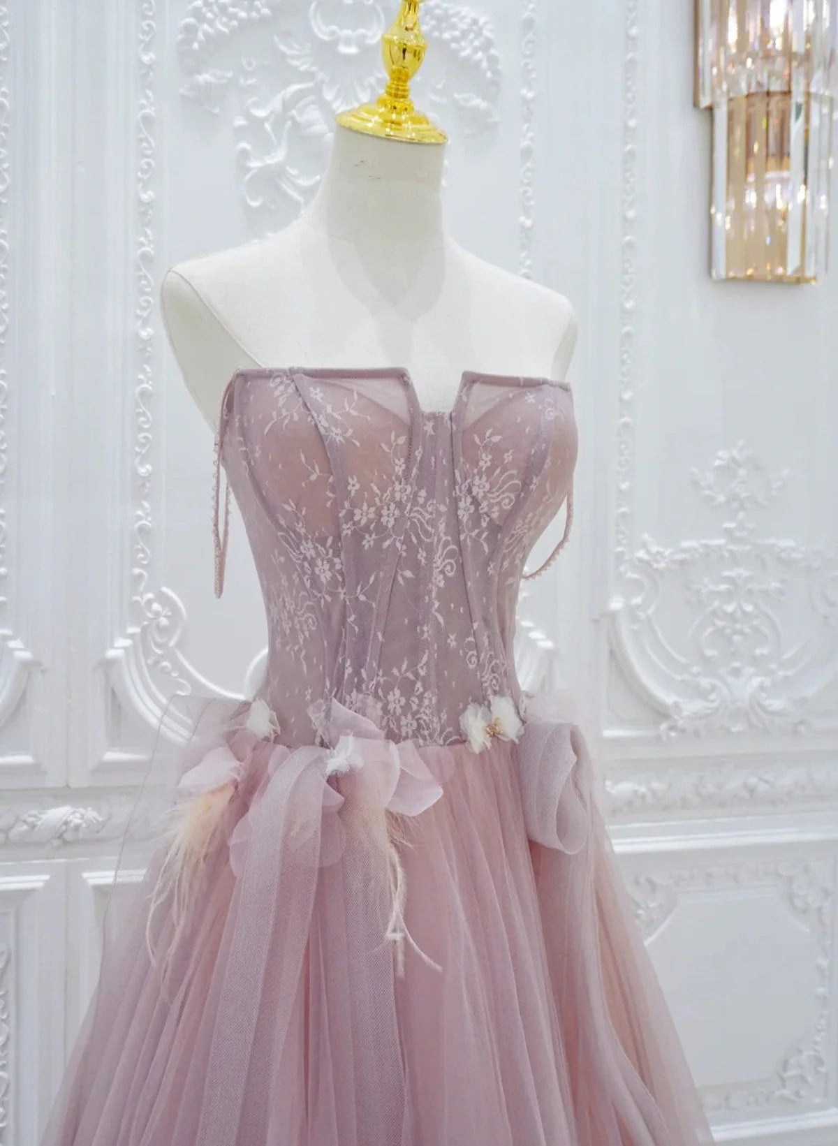 Pink Tulle with Lace A-line Prom Dress, Pink Tulle Party Dress TP998