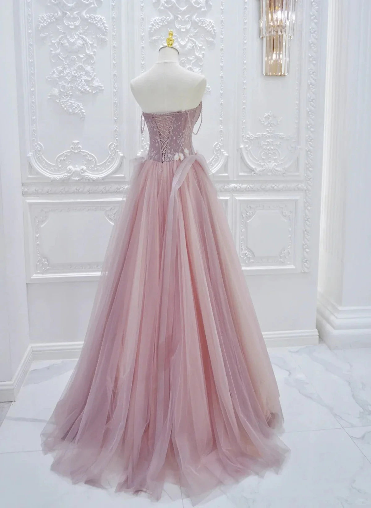 Pink Tulle with Lace A-line Prom Dress, Pink Tulle Party Dress TP998