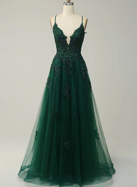 Green V-neckline Tulle with Lace Cross Back, Green Tulle Prom Dress TP999