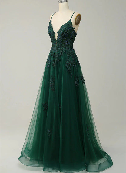 Green V-neckline Tulle with Lace Cross Back, Green Tulle Prom Dress TP999