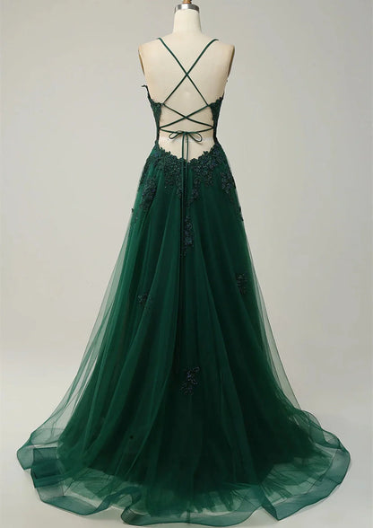 Green V-neckline Tulle with Lace Cross Back, Green Tulle Prom Dress TP999