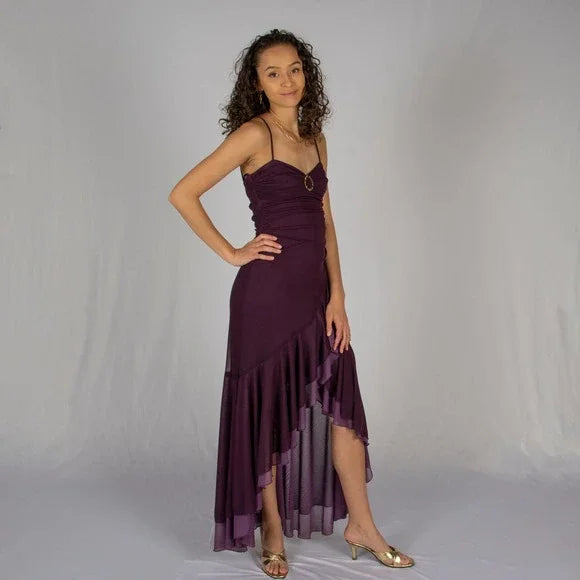 Dark Purple Spaghetti Straps Ruffles Vintage Long Prom Dress TP1674