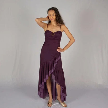 Dark Purple Spaghetti Straps Ruffles Vintage Long Prom Dress TP1674