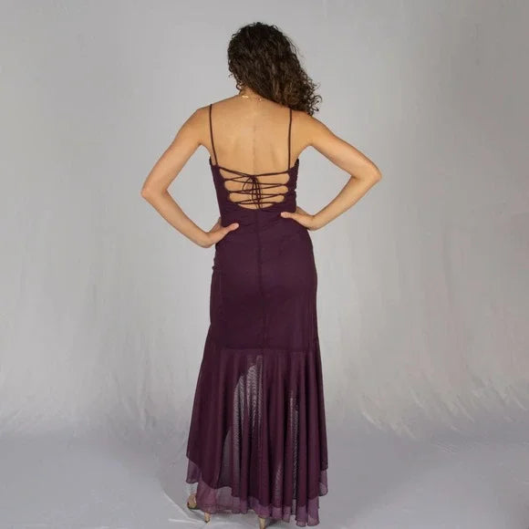 Dark Purple Spaghetti Straps Ruffles Vintage Long Prom Dress TP1674