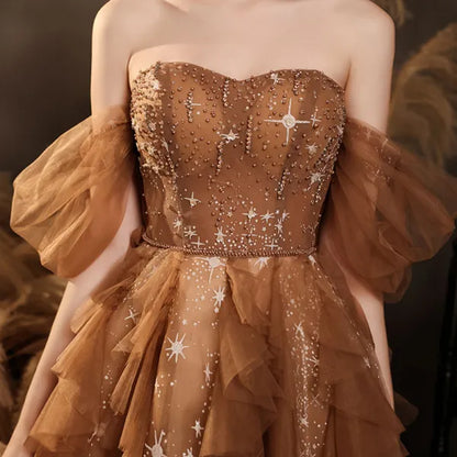 Elegant Champagne Sweetheart Shiny Sequin Ruffle Design A-Line Chiffon Tulle Evening Dress Prom Dress TP4125