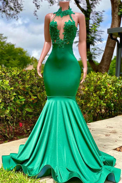 Vintage Green Mermaid Prom Dress Satin Evening Gown Halter-neck Party Dress Long Formal Dress TP4852