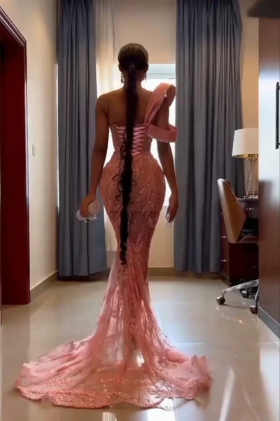 Vintage Pink Mermaid Prom Dress Sparkling Beaded Evening Gown One-shoulder Party Dress Long Formal Dress TP4856