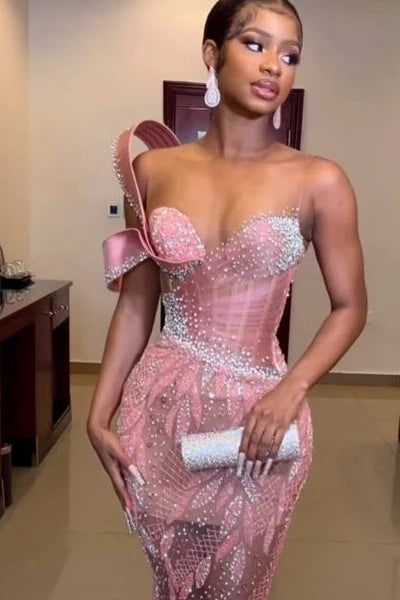 Vintage Pink Mermaid Prom Dress Sparkling Beaded Evening Gown One-shoulder Party Dress Long Formal Dress TP4856