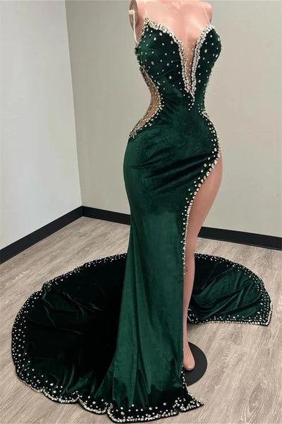 Elegant Dark Green Beaded Sheath High Slit Evening Gown Prom Dress TP5227