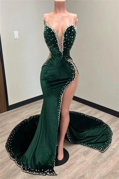 Elegant Dark Green Beaded Sheath High Slit Evening Gown Prom Dress TP5227