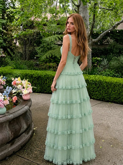 Vintage Sage Green Tulle Tiered Lace Appliques Beaded A-Line Evening Gown TP5815