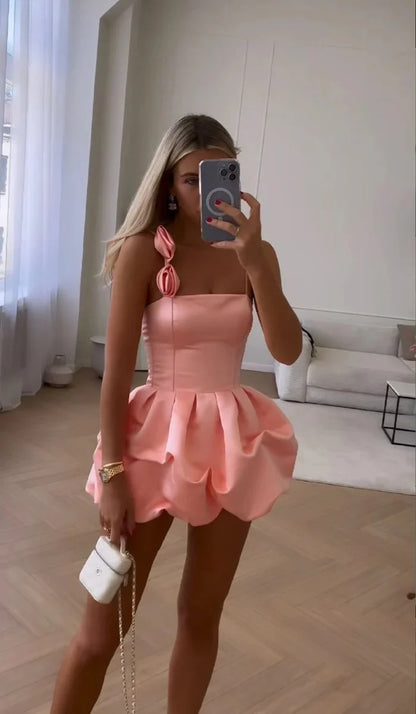 Romantic Pink Satin 3D Flower Bubble Hem A-Line Homecoming Dress TP5954