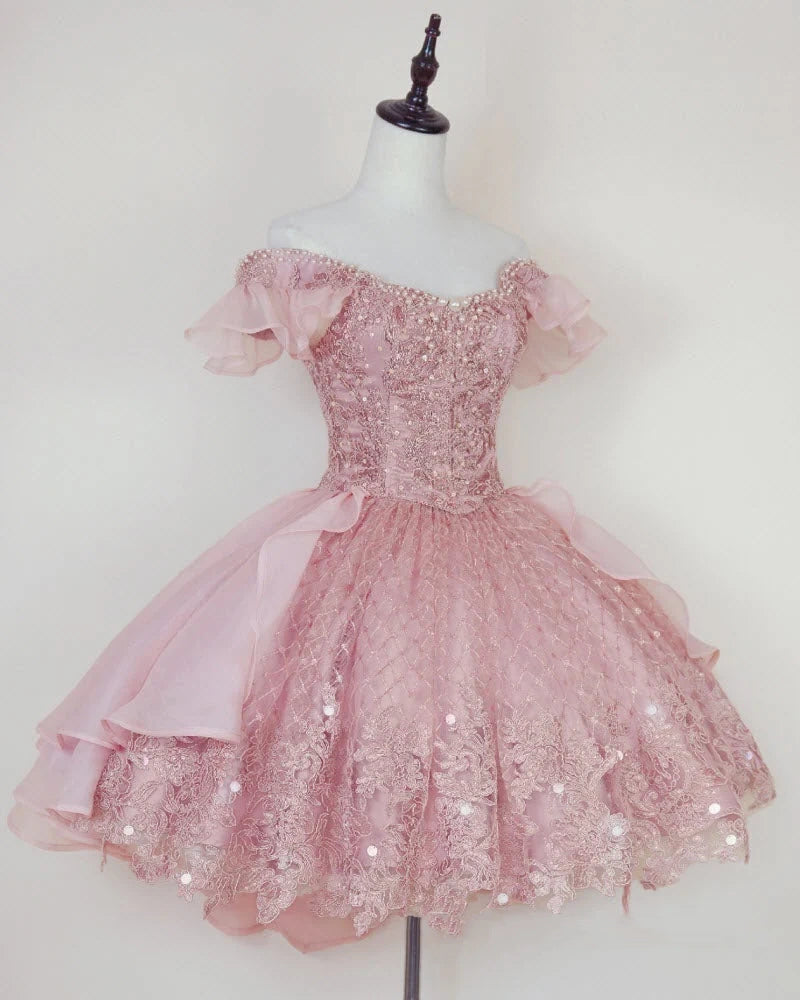 Vintage Pink Beading Design Short Evening Dress, A-line Off-the-shoulder Homecoming Dress TP3396