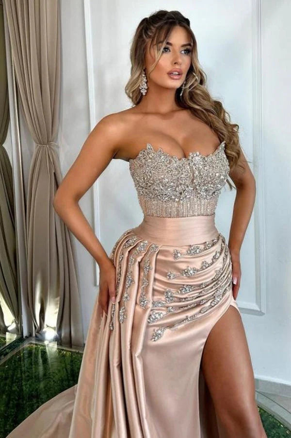 Vintage Pink Sheath Satin Prom Dress Sparkling Beaded Evening Gown Strapless High Slit Party Dress Long Formal Dress TP4855
