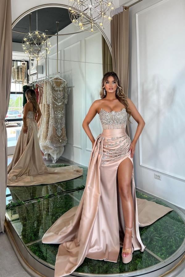 Vintage Pink Sheath Satin Prom Dress Sparkling Beaded Evening Gown Strapless High Slit Party Dress Long Formal Dress TP4855