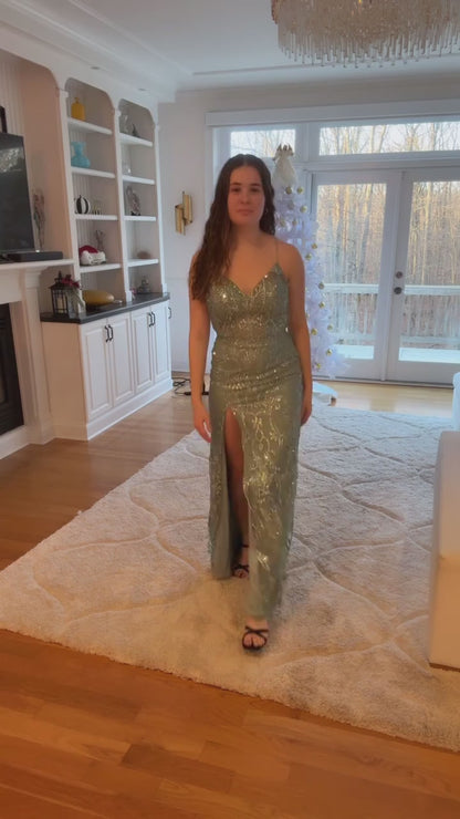 Sparkling Sage Green Sequin Spaghetti Strap V-Neck High Slit Maxi Length Evening Gown TP5272