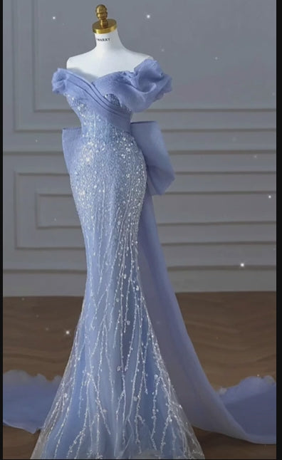 Glamorous Off-Shoulder Light Blue Mermaid Sparkling Sequins Bow Ruffled Evening Gown TP5262