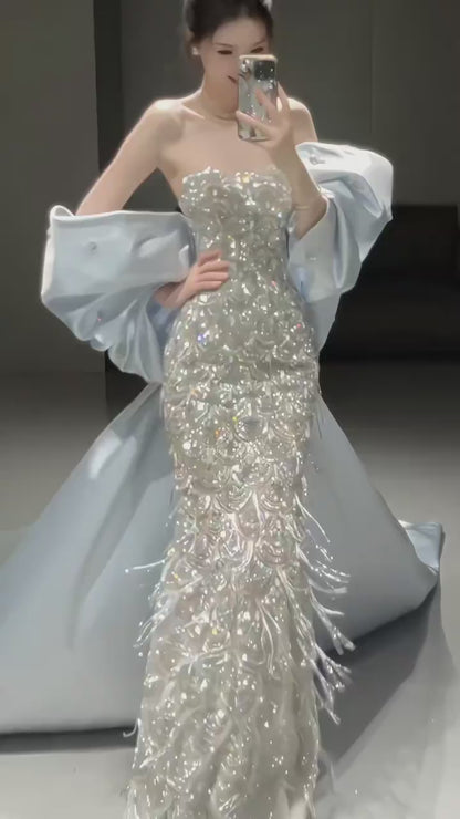 Charming Glittering Sequin Strapless Mermaid Long Prom Dress Party Dress Evening Dress TP4486