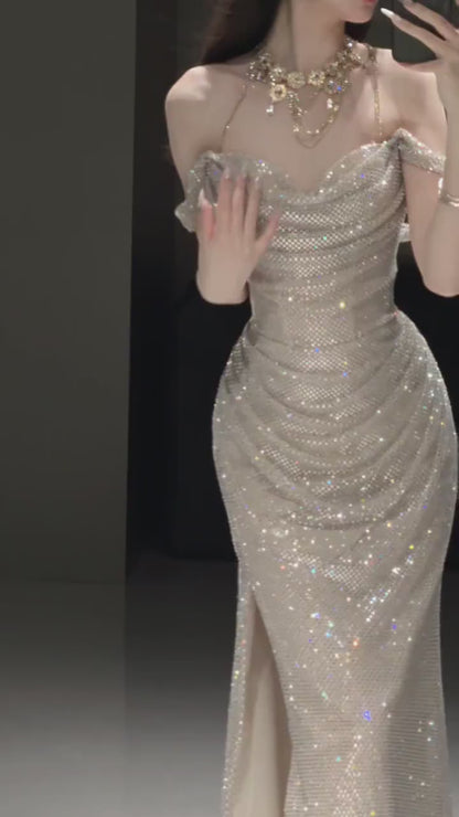 Elegant Glittering Sequined Off-Shoulder Sheath High Slit Shimmering Fabric Evening Gown TP5336