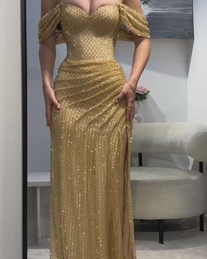 Vintage Golden Glittering Sequin Evening Gown Sheath Off-the-shoulder Party Dress Long Formal Dress TP4966