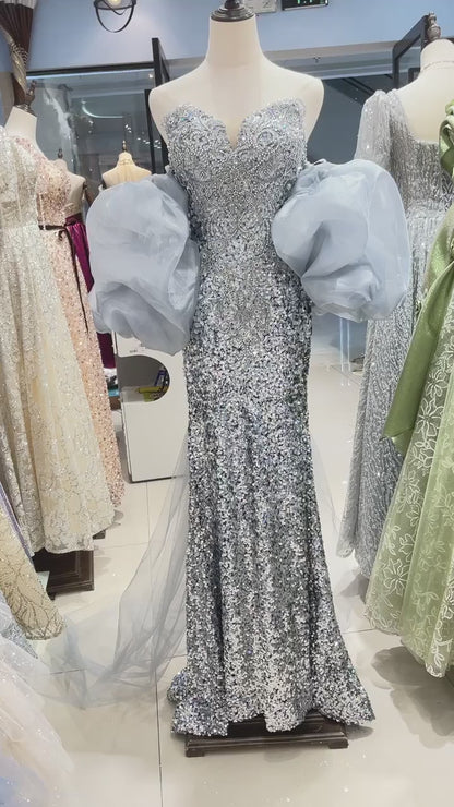 Gorgeous Glittering Sequin Beaded Sweetheart Strapless Mermaid Long Prom Dress Party Dress Evening Dress TP4485