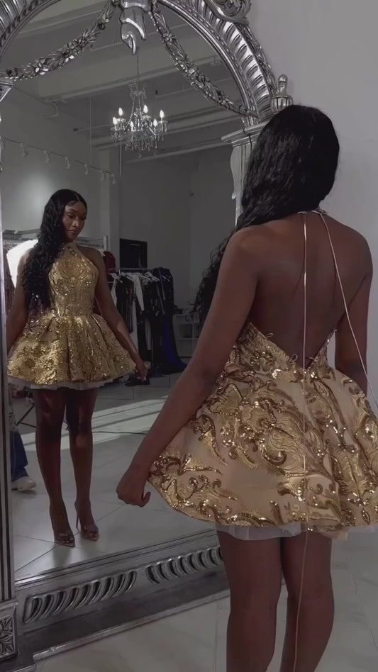 Sparkling Golden Sequin Embroidered Halter Dress Design A-line Applique Party Dresses Homecoming Dresses TP4111