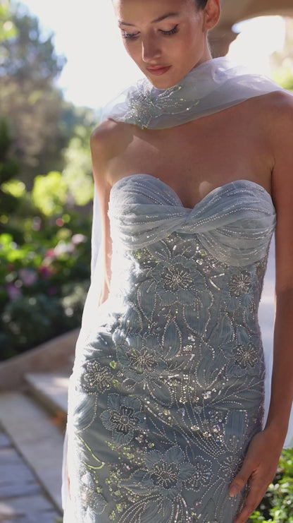 Enchanting Sequin Embellished Mermaid Evening Gown Detachable Chiffon Scarf Prom Dress TP5703