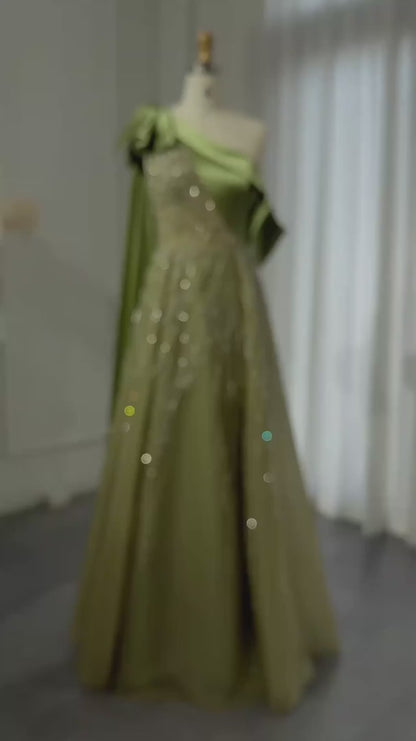 Gorgeous Sparkling Beaded Green One-shoulder A-Line High Slit Long Prom Dress Evening Dress TP4556