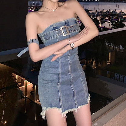 Women Strapless Bodycon Sexy Mini Denim Tube Dresses TP2825