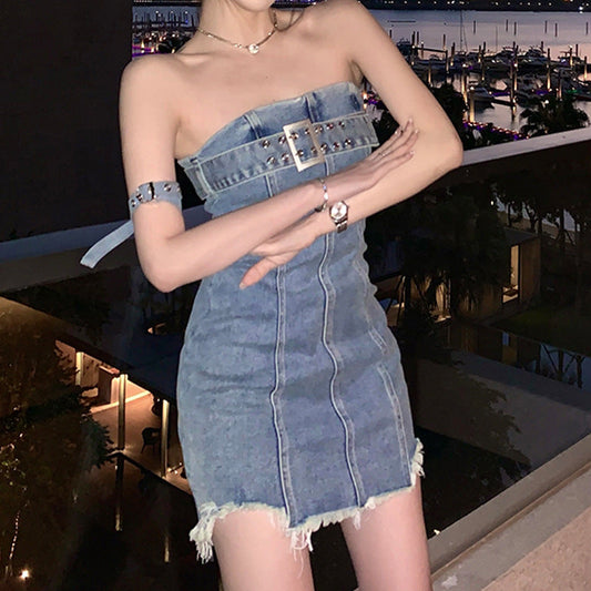 Women Strapless Bodycon Sexy Mini Denim Tube Dresses TP2825