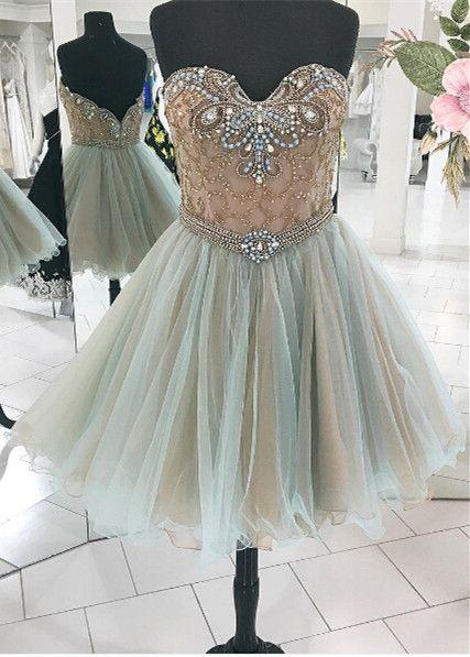 Vintage Light green Beaded Sweetheart Tulle A-line Short Homecoming Dress TP3513