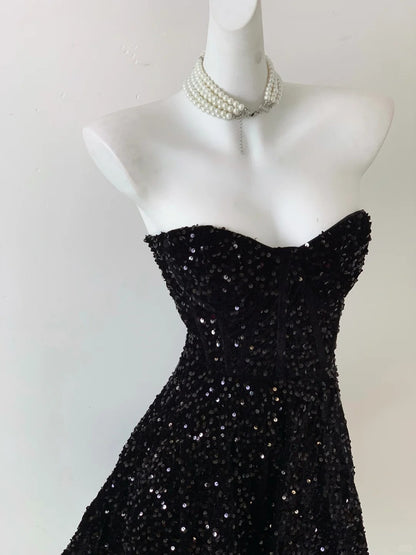 Vintage Black Strapless Sequin A-line Sweetheart Party Dresses Homecoming Dresses, TP3792